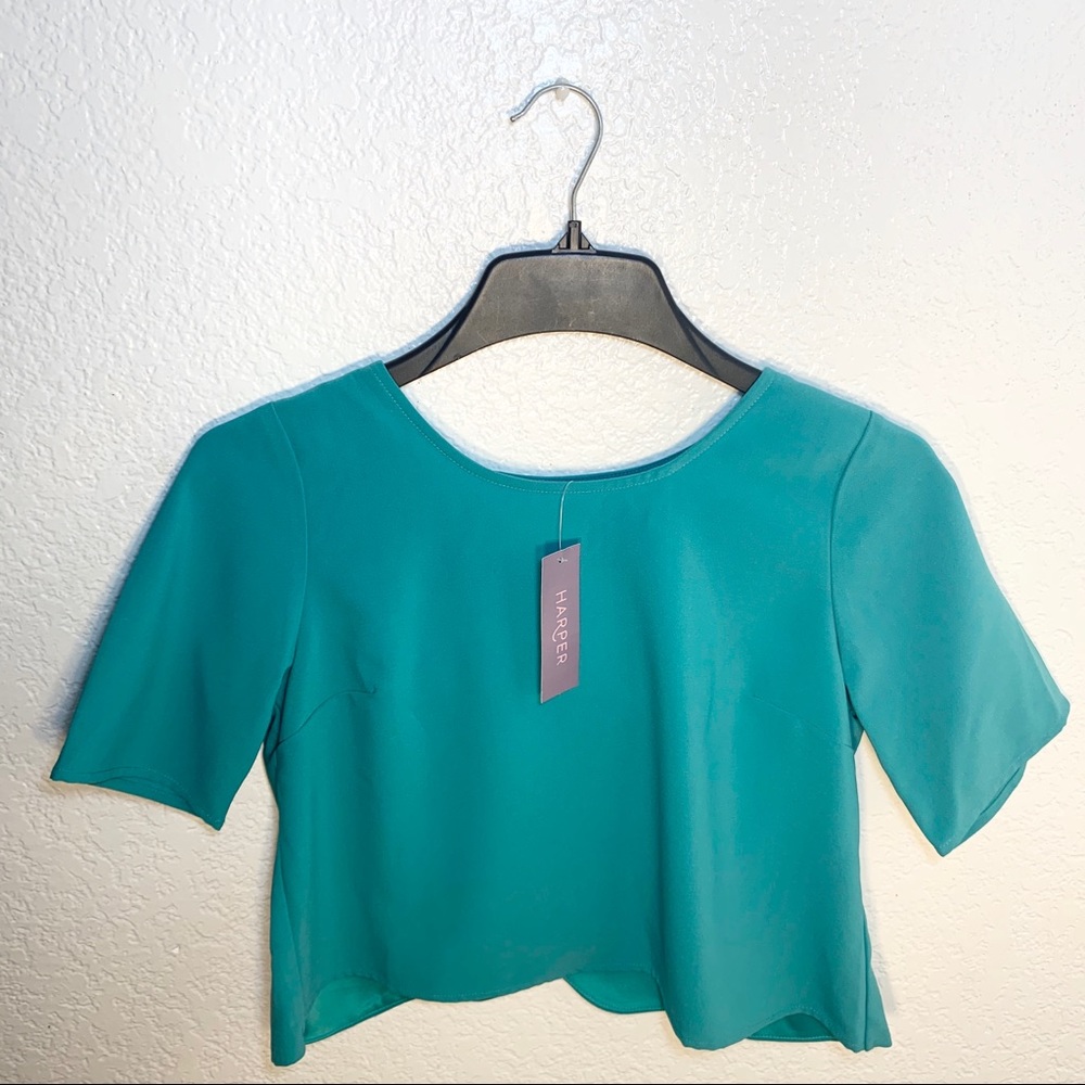 Harper Teal Crop Top W Scallop Edge Back Opening